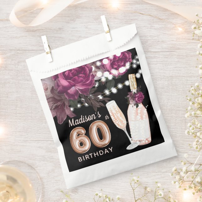 Luxury 60th Birthday Personalised Rose Wine Favour Bag (Clipped)