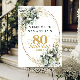 Luxury 80th Greenery Gold Welcome Birthday Sign