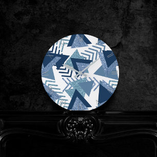 Luxury 90s Abstract   Turquoise Navy Blue Pattern Round Clock
