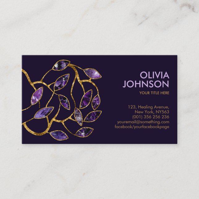 Luxury Abstract Amethyst Leaves Branch Business Card (Front)