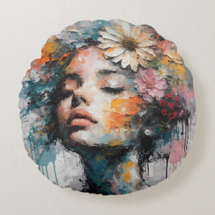 Luxury Abstract Floral Woman Portrait Wall Art Round Cushion