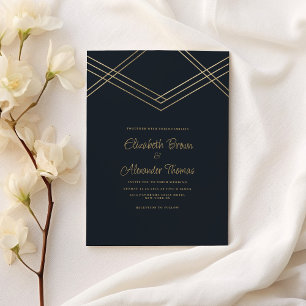 Luxury abstract navy blue gold geometric wedding invitation