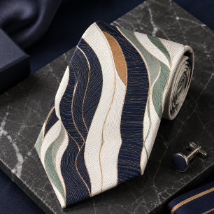 Luxury Abstract Wave Navy Blue Sage Green Beige Tie