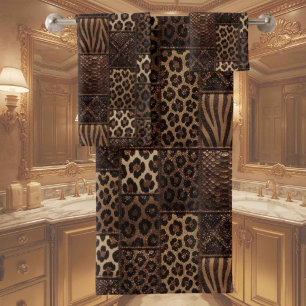 Luxury African Animal Print   Brown Faux Glitter  Bath Towel Set
