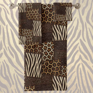 Luxury African Animal Print Brown Faux Glitter Bath Towel Set