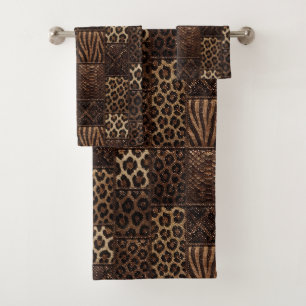 Luxury African Animal Print   Brown Faux Glitter  Bath Towel Set