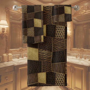Luxury African Animal Print Dark Brown & Gold Bath Towel Set