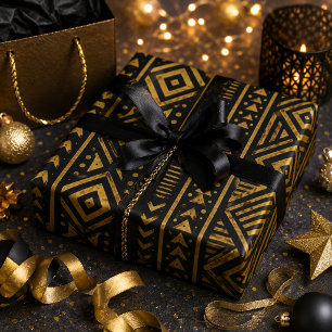 Luxury Afrocentric Black and Gold Tribal Geometric Wrapping Paper