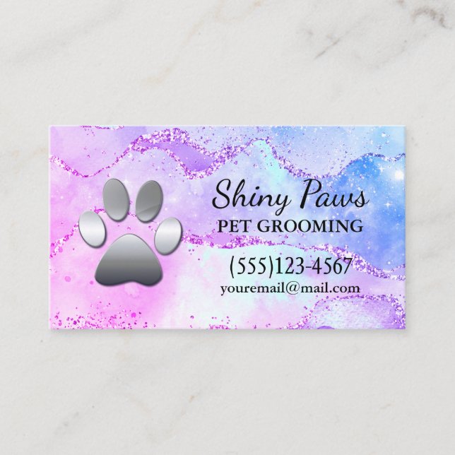 Luxury Agate Glitter Dog Paw Pet Grooming Business Card (Front)