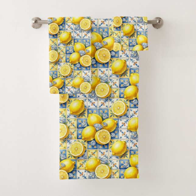 Luxury Amalfi Lemons Diamonds Mediterranean Bath Towel Set (Insitu)