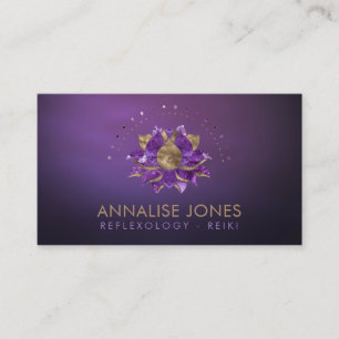 Luxury Amethyst and gold Lotus on purple Business Card
