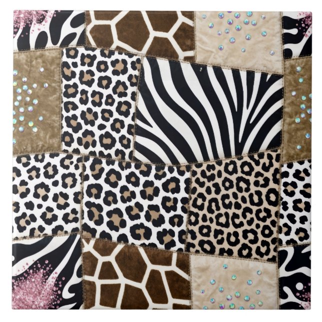 Luxury Animal Print Pink Rhinestone Ceramic Tile (Front)