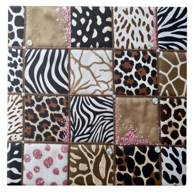Luxury Animal Print Pink Rhinestone Ceramic Tile (Front)