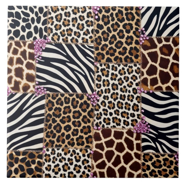 Luxury Animal Print Pink Rhinestone Ceramic Tile (Front)