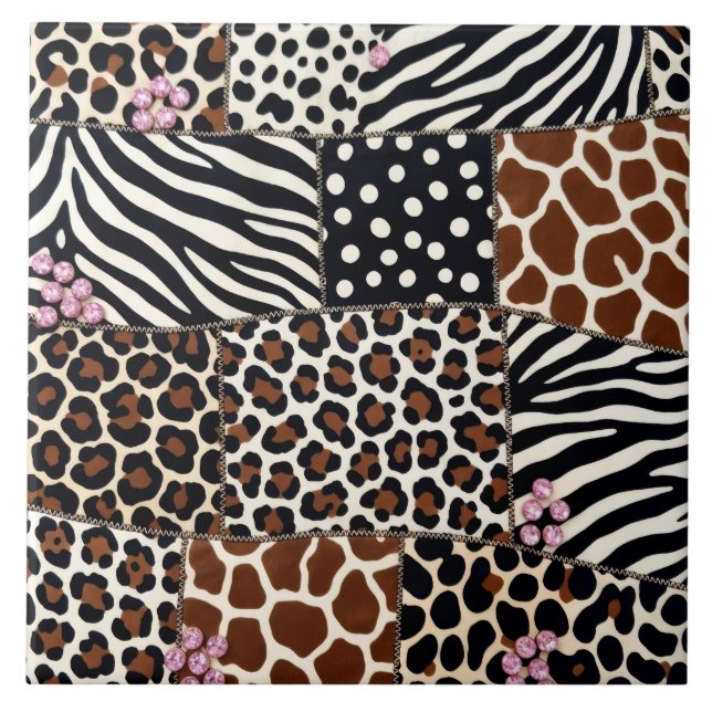 Luxury Animal Print Pink Rhinestone Ceramic Tile (Front)