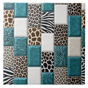 Luxury Animal Print Teal Faux Glitter Ceramic Tile