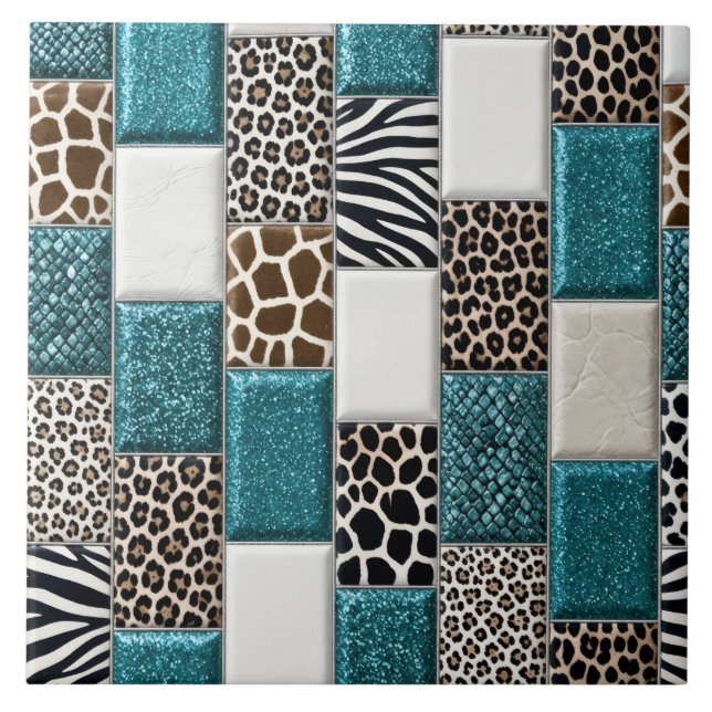 Luxury Animal Print Teal Faux Glitter Ceramic Tile (Front)