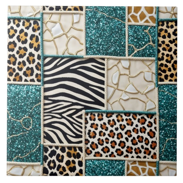Luxury Animal Print Teal Faux Glitter Ceramic Tile (Front)