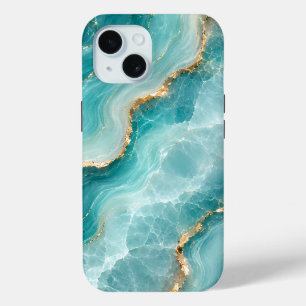 Luxury Aqua Agate Marble with Gold Veins iPhone 15 Case