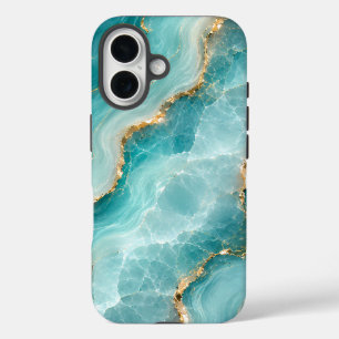 Luxury Aqua Agate Marble with Gold Veins iPhone 16 Case