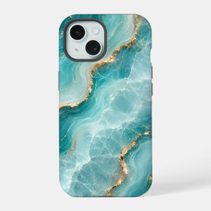 Luxury Aqua Agate Marble with Gold Veins iPhone 15 Case