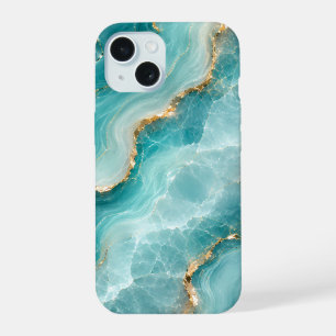 Luxury Aqua Agate Marble with Gold Veins iPhone 15 Case