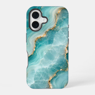Luxury Aqua Agate Marble with Gold Veins iPhone 16 Case