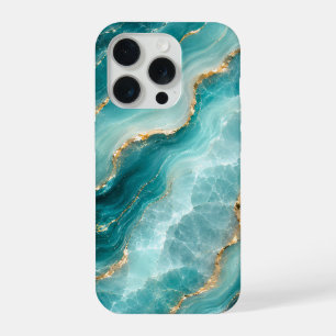 Luxury Aqua Agate Marble with Gold Veins iPhone 15 Pro Case