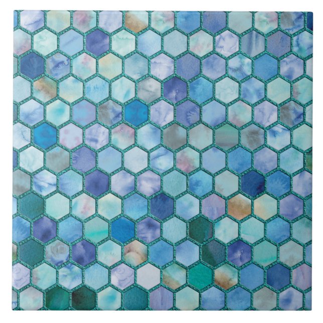 Luxury Aqua blue honeycomb pattern Ceramic Tile (Front)