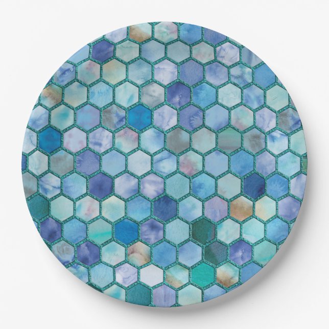 Luxury Aqua blue honeycomb pattern Paper Plate (Front)