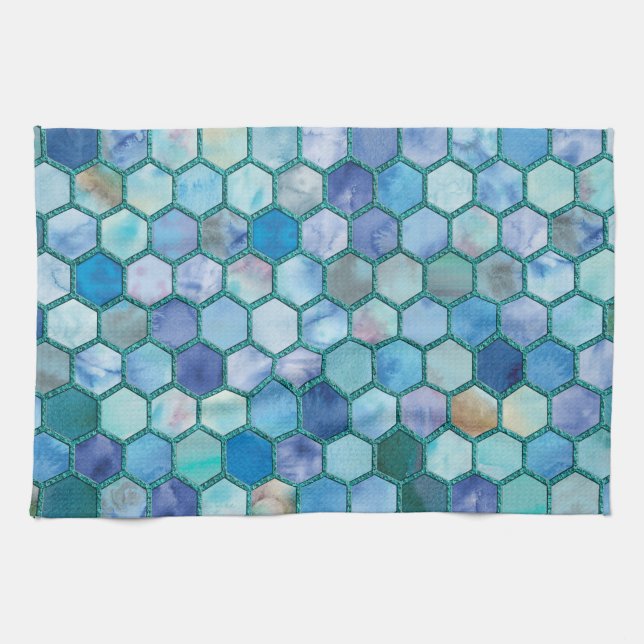 Luxury Aqua blue honeycomb pattern Tea Towel (Horizontal)