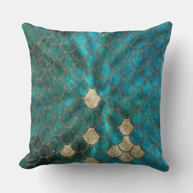 Luxury Aqua Green Mermaid Scales with Gold Glitter Cushion (Front)