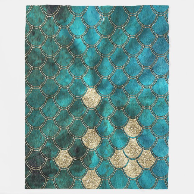 Luxury Aqua Green Mermaid Scales with Gold Glitter Fleece Blanket (Front)