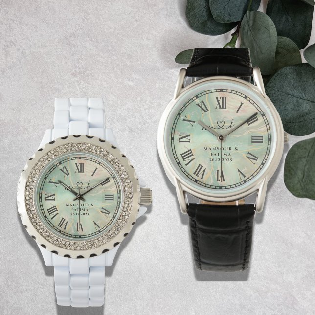 Luxury Aqua Marbled Men's Black Leather Strap Watch (Creator Uploaded)