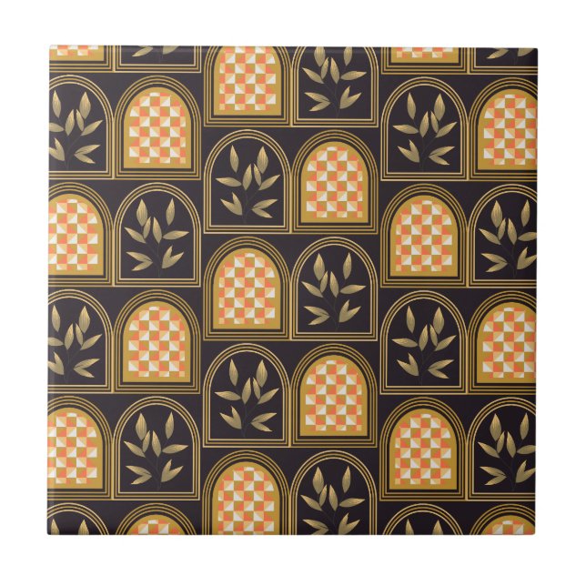 Luxury Art Deco Geometric Floral Seamless Pattern  Ceramic Tile (Front)