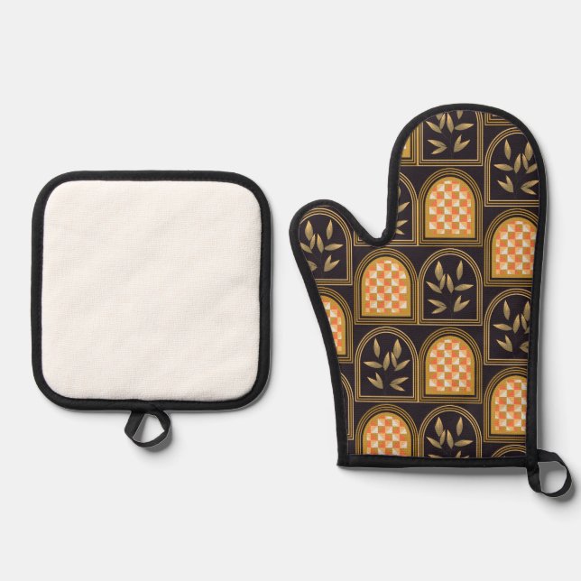 Luxury Art Deco Geometric Floral Seamless Pattern  Oven Mitt & Pot Holder Set (Front)