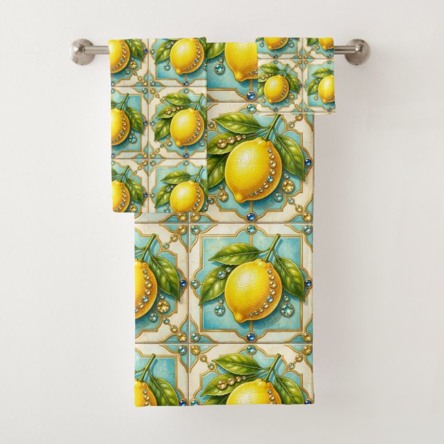 Luxury Art Deco Lemons Diamonds  Bath Towel Set (Insitu)