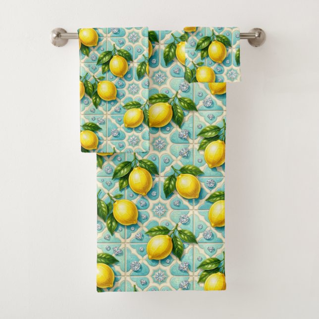 Luxury Art Deco Lemons Diamonds  Bath Towel Set (Insitu)