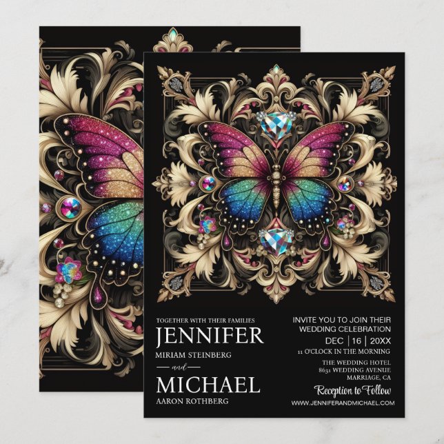 Luxury Art Deco Rainbow Butterfly Wedding  Invitation (Front/Back)