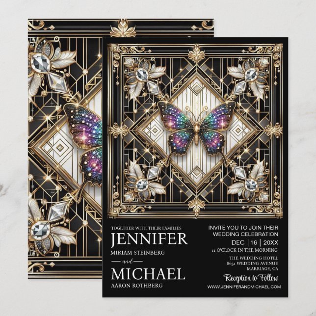 Luxury Art Deco Rainbow Butterfly Wedding  Invitation (Front/Back)