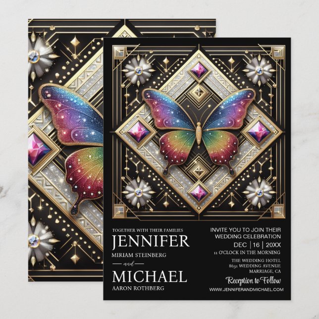 Luxury Art Deco Rainbow Butterfly Wedding  Invitation (Front/Back)