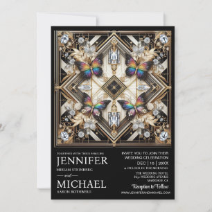 Luxury Art Deco Rainbow Butterfly Wedding Invitation