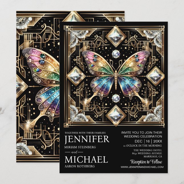 Luxury Art Deco Rainbow Butterfly Wedding  Invitation (Front/Back)