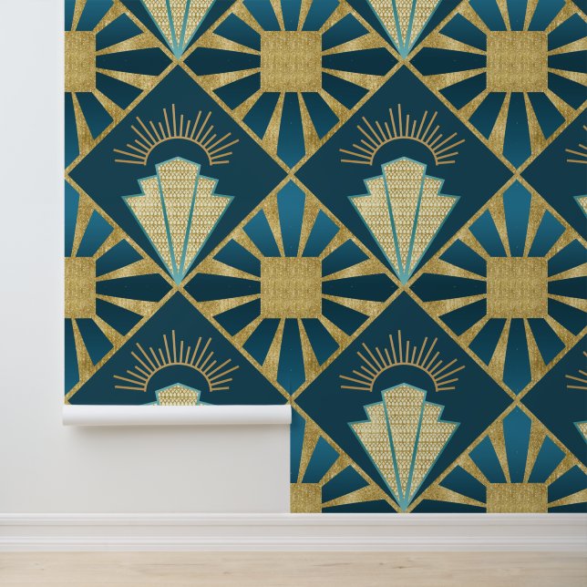 Luxury Art Deco Teal and Gold Pattern Wallpaper (Application)