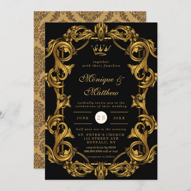 Luxury Art Nouveau Black Gold Royal Wedding Invita Invitation (Front/Back)