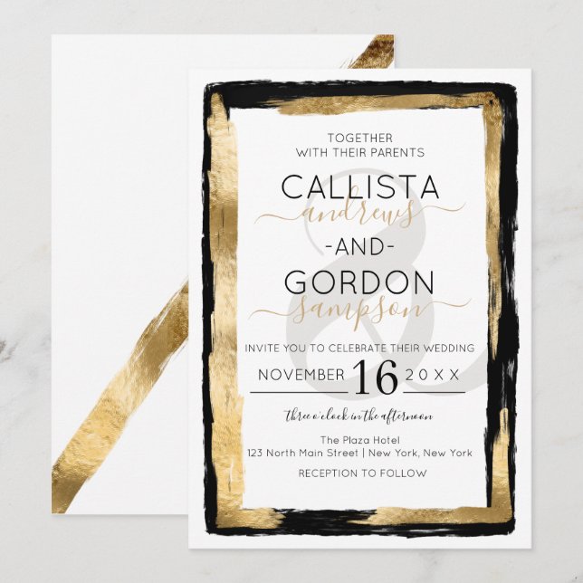 Luxury Artsy Black Gold Brushstroke Border Wedding Invitation (Front/Back)