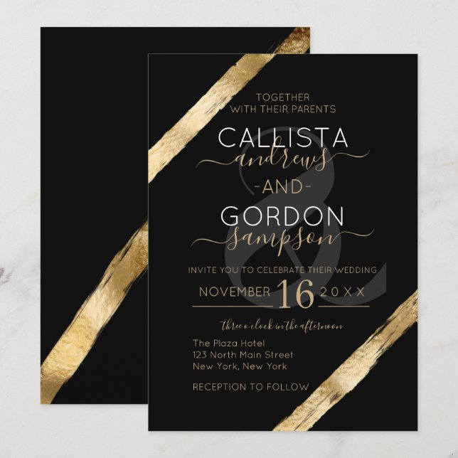 Luxury Artsy Black Gold Brushstrokes Wedding Invitation (Front/Back)