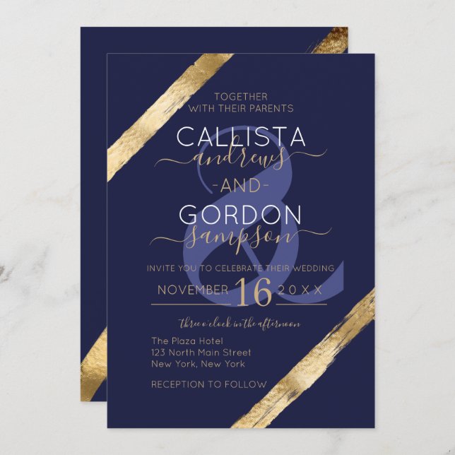 Luxury Artsy Navy Blue Gold Brushstrokes Wedding Invitation (Front/Back)