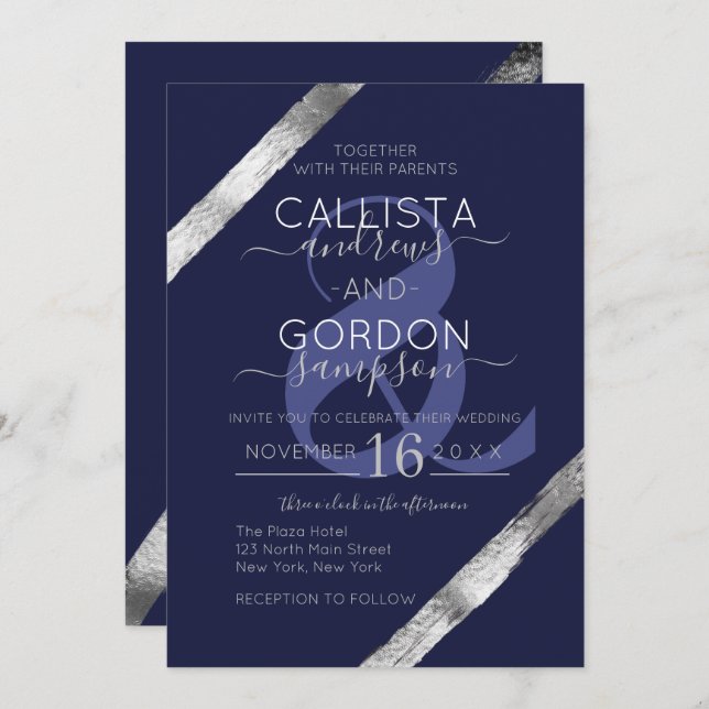 Luxury Artsy Navy Blue Silver Brushstrokes Wedding Invitation (Front/Back)