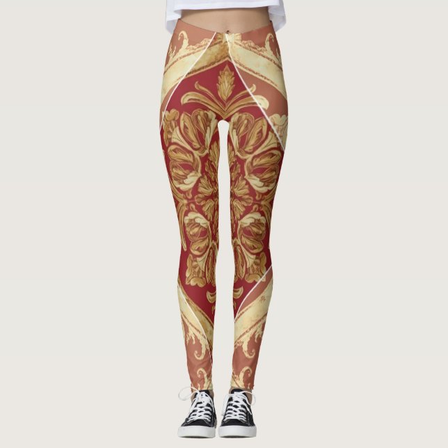 Luxury Athleisure: Golden Red Ornate Full-Length L Leggings (Front)